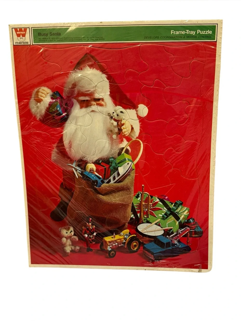 Vintage 1972 Busy Santa Whitman Tray Frame Puzzle 12 Piece #4528 USA Cello Wrap